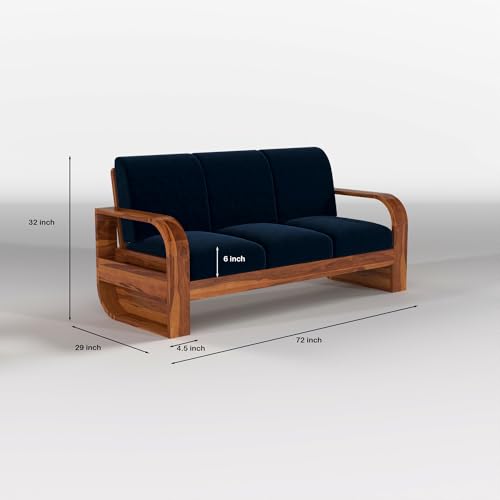 Image of NEW MAMTA FURNITURE Solid Sheesham Wooden 5 Seater Sofa Set Without Coffee Table with Blue Cushion for Living Room Furniture - Honey Finish (3+1+1)
