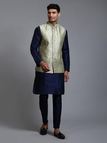 Image of VM Men's Grey And Cream Silk Blend Jacket, Kurta and Pyjama Set