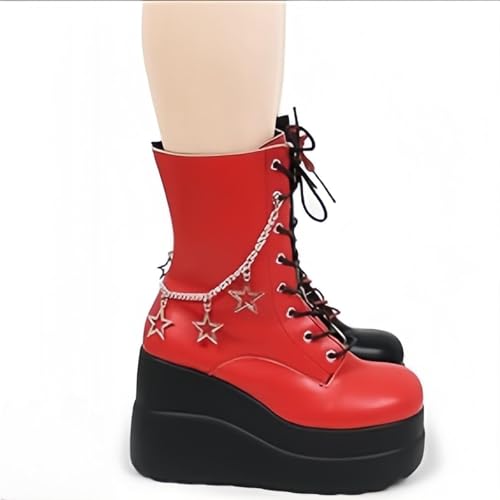 Platform Goth Ankle Boots for Women Punk Motorcycle Round Toe Chunky Heel Mid Calf Combat Boots Side Zipper Lace Up Wedge Booties4