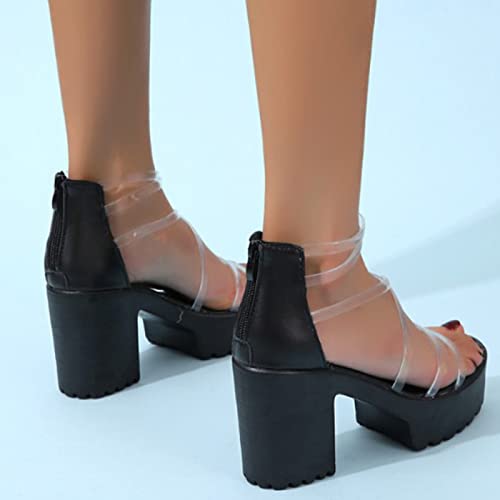 HIONRE Womens Strappy Platfrom Sandals,Large Size Fashion Women's Shoes, Thick Heel Solid Color Sandals,Black,39,Comfy Women Wedges Sandals3
