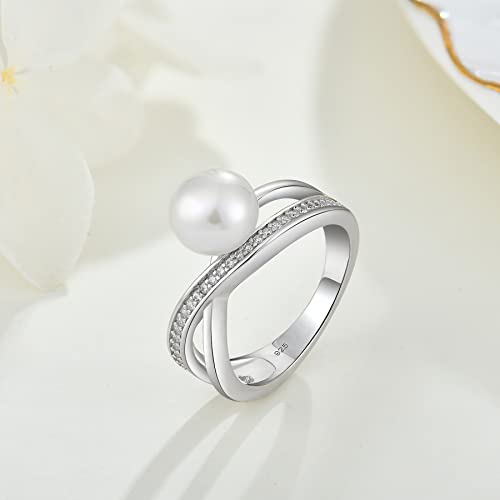 Women Pearl Ring 925 Sterling Silver 3A Cubic Zirconia 9mm Freshwater Pearl Cross Ring for Women2