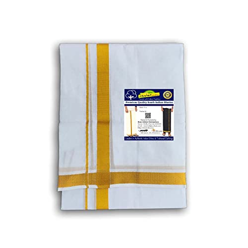 Cotton with Gold Zari Border Double Layer Dhotis with Angavastram for Men | Solid White with Gold Zari Border Dhoti | Cotton Dhoti 8 x 43