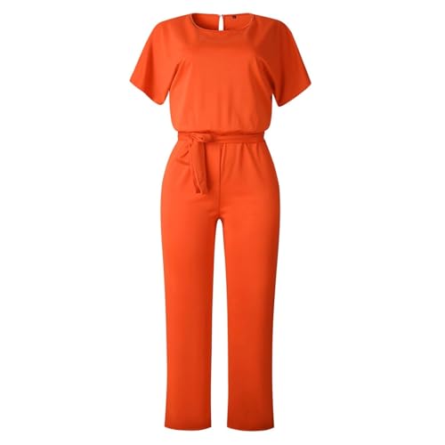 HOOUDO Ladies Jumpsuits Petite Summer Short Sleeve Playsuits Ladies Plain Casual Wide Leg Pant Belted Romper Formal Wedding Overalls Baggy One Piece Outfits Dungarees My Orders Orange - Image 5