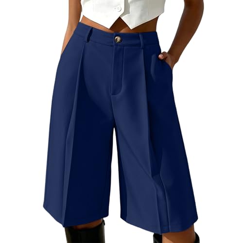 Générique Bermuda Chic Femme Taille Haute Short Long Plissé Fluide avec Poches Jupe Culotte Ample Bouton Costume Élégant Coupe Droite Vêtement Mode...