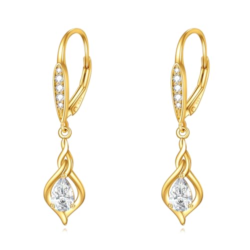 14K Gold Leverback Earrings for Women Birthstone Cubic Zirconial Earrings Jewelry Birthday Gifts for Her (Gold-Infinity Earrings with Moissanite)