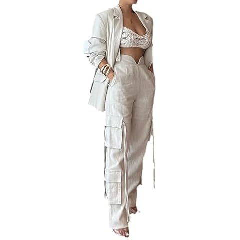 Cupitool Women Fall Blazer Set 2 Piece Business Outfit Long Sleeve Blazer Jacket and Straight Wide Leg Pant Suit Sets Apricot Cover