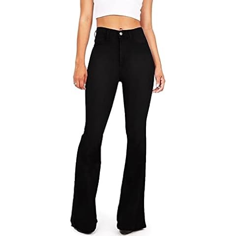 KDF Women's Black Bell Bottom Jeans for Women High Waisted Flare Bootcut Stretch Plus Size Slimming Bell Bottom Pants for Women, 6, Black Cover