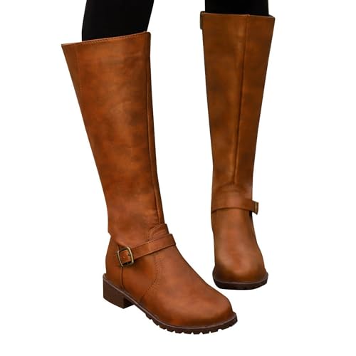 Genérico Botas Altas Mujer de Piel - Botines Mujer Invierno con Caña Ancha Botas Planas con Suela Plana Baja con Cremallera