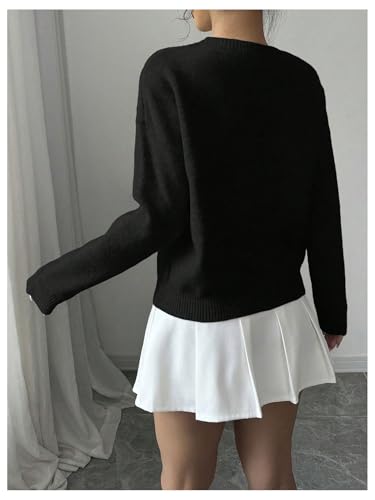 Image of Verdusa Women's Spring 3D Flower Appliques Crewneck Sweaters Long Sleeve Drop Shoulder Pullovers Knit Going Out Tops