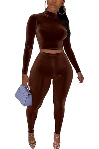 CLOCOR 2 Piece Outfits for Women Bodycon Track Suits Long Sleeve High Neck Velour Lounge Jogger Set