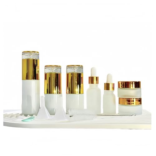 BRIUNN Botella de cosméticos de vidrio de viaje aprobada por la TSA, 13 paquetes de recipientes de maquillaje dorados de alta calidad, sin BPA, a prueba de fugas, bolsa de lavado líquido con loción