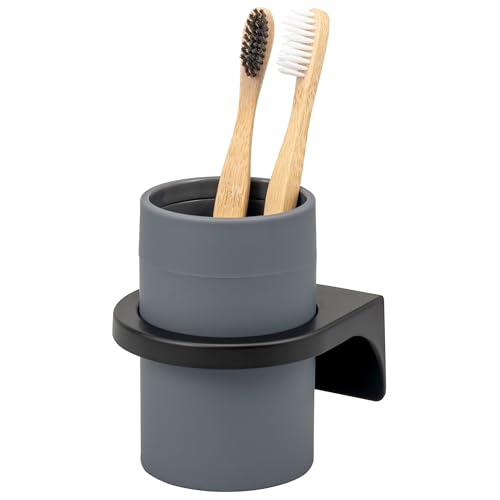 bremermann Zahnputzbecher Savona mit Soft-Touch Oberfläche, runder Becherhalter inkl. Wandhalterung zum Kleben oder Bohren, Zahnbürstenhalter aus Kunststoff (Grau)