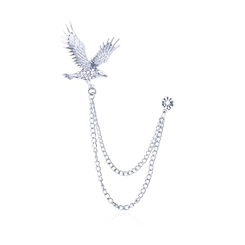 Image of Vintage Hawk Chain Brooch Pin Animal Eagle Bird Long Chain Tassel Suit Lapel Pin Rhinestone Hawk Badge Pin Jewelry for Men Women