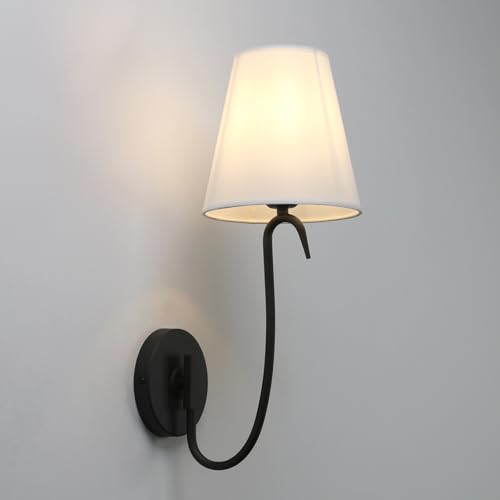 Image of Swan Neck Wall Sconce Fixture 1-Light with White Fabric Shade, Indoor Hardwired Rustic Boho Wall Light for Living Room Bedroom Bedside Nightstand Light