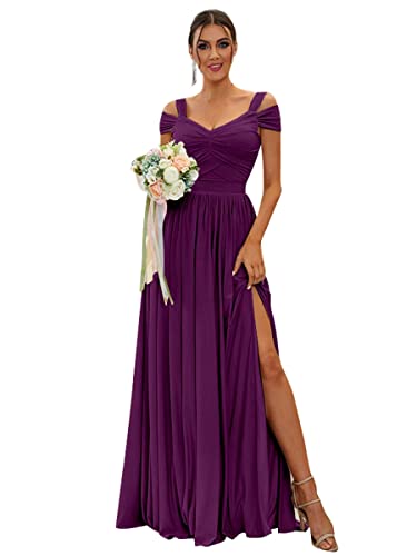 Image of SOLODISH Off The Shoulder Bridesmaid Dresses Long Chiffon Formal Evening Dresses for Women