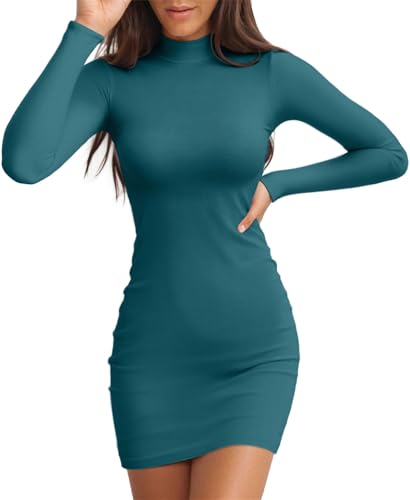 Valiamcep Women's Long Sleeve Mini Dress Mock Neck Ribbed Slim Fit Basic Turtleneck Casual Bodycon Dresses Lake Blue L