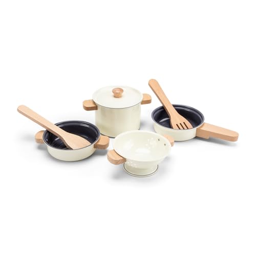 Woet Metal Pot & Pan Set – Off-White Toy Kitchen Playset for Toddlers 24 Months+ – 7-Piece Pretend Cooking Set with Wooden Utensils – Accessories for Boys and Girls