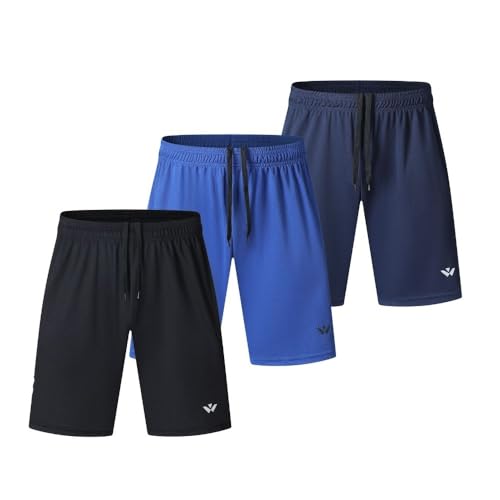 Bsrpolry Paquete de 3 pantalones cortos de correr para hombre con dos bolsillos, de secado rápido para correr, entrenar, pantalones cortos deportivos, #113-negro, azul, azul marino, 42