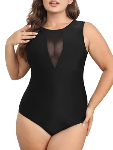 CUPSHE Women's One Piece Swimsuit Plus Size Bathing Suit Mesh Crew Neck Swimwear Back Tie