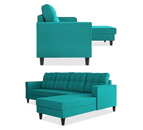 Image of Adorn India Maddox Tufted L Shape 6 Seater Sofa Set RHS (Aqua Blue) (3 Year Warranty)