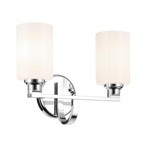 Image of Kichler Gioe 2-Light Bathroom Vanity Light Fixture with Opal Glass, 14.25 inch Modern Chrome Wall Mount Over Mirror for Powder Room, Damp Rated (14.25 inch W x 10.5 inch H), 55225CH
