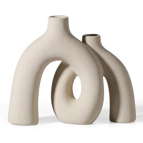 CEMABT Modern Nordic Boho Vase Set - Elegant Beige Matte Ceramic Home Decor for Living Room, Bookshelf, Mantel, Entryway Table & Console Décor | Shelf Decorations Gift