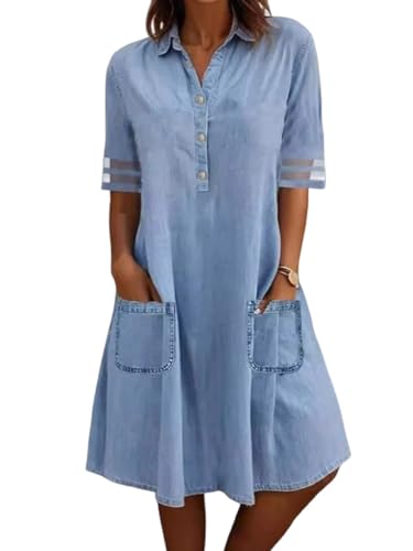 utcoco Denim Dress for Women 2025 Casual Tulle Short Sleeve Button Jean Midi Dress with Pockets