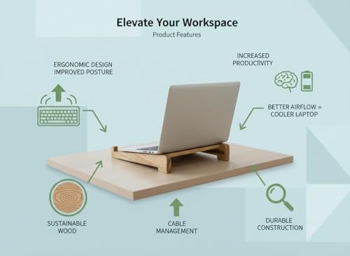 Image of Foldable Laptop Stand, Handcrafted Wooden Laptop Stand for Desk with Length Adjustment and Laptop Riser that Works with I Pad MacBook Pro and Other HP and Dell Devices 15.6 inches Natural
