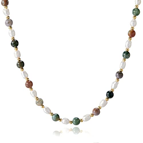 Kissyan Boho Beaded Choker Necklace For Women, Gemstone Necklace Natural Stone Freshwater Pearl Surfer Necklace 14K Gold Plated Summer Beach Handmade Jewelry(03) #TOP29
