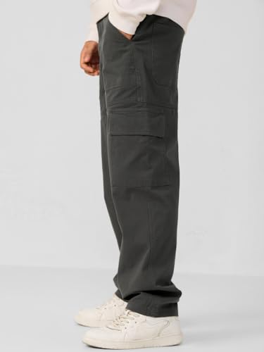 Image of The Souled Store Cargo: Men and Boys Buttoned Waist Solid Cotton Twill Lightweight Stretchable Multi Pocket Everyday Straight Fit Cargo Pants