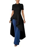 Lrady Women Ruffle High Low Asymmetrical Short Sleeve Peplum Tops Blouse Shirt Dress Black XL