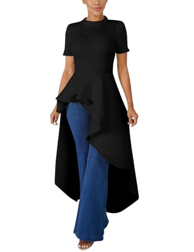 Lrady Women Ruffle High Low Asymmetrical Short Sleeve Peplum Tops