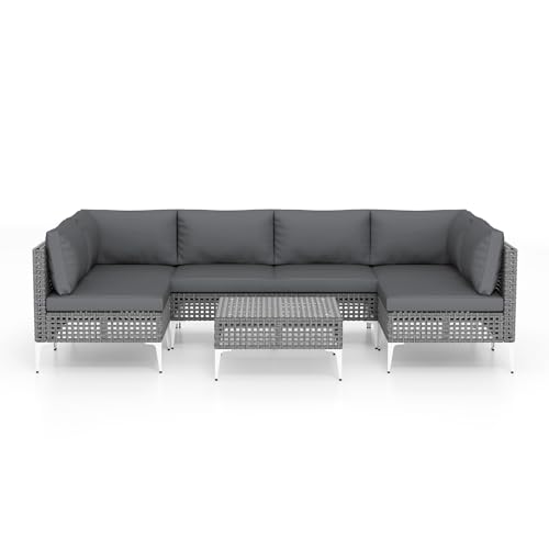 GYMAX 7-teiliges Gartenmöbel Lounge Set, Rattan Terassenmöbel mit Couchtisch, Sitz- & Rückenkissen, Gartenlounge für 6-8 Personen,...