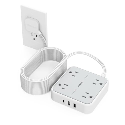 Image of Surge Protector Long Extension Cord 25FT, TESSAN Flat Plug Power Strip with 4 Outlets 3 USB Ports (1 USB C), 900 Joules Protection, Multiple Wall Outlet Extender Suitable for Home Office Dorm, Grey
