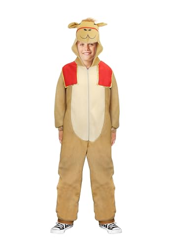 HENBRANDT Childrens Brown Camel Costume - Soft Plush One-Piece Bodysuit with Character Hood Fancy Dress Outfit for Nativity Play School Events Parties Ages 4-6 Years