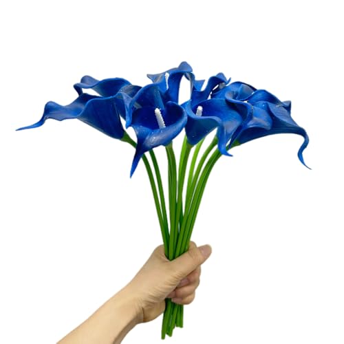 Lot de 12 fleurs de lys calla artificielles bleu roi - 33 cm - Fleur unique en polyuréthane - Accessoire pour bouquet de mariée - Pour plantes de verdure...