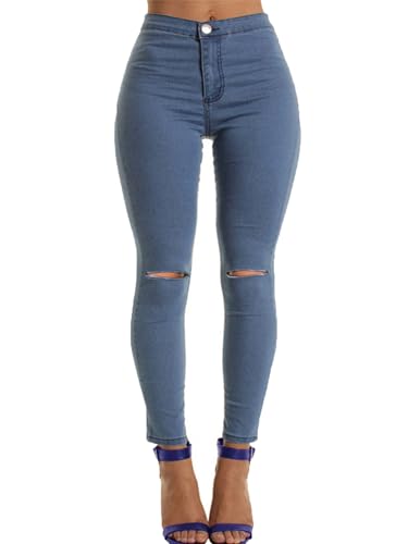 Womens Ripped Knee Jeans Slit Knee Mid Waist Jeans Knee-Ripped