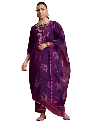 Image of INDO ERA Women's Viscose Embroidered Straight Kurta Pant With Dupatta Set