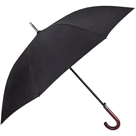 Kung Fu Smith Black Men Wooden Handle Stick Umbrella for Rain, Auto Open Button and Windproof Fiberglass Frame, Black, One Size Cover