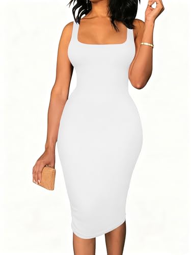 Image of TOPSRANI Women Sexy Midi Dress Bodycon Casual Sleeveless Basic Ruched Tank Summer Club Party Dresses