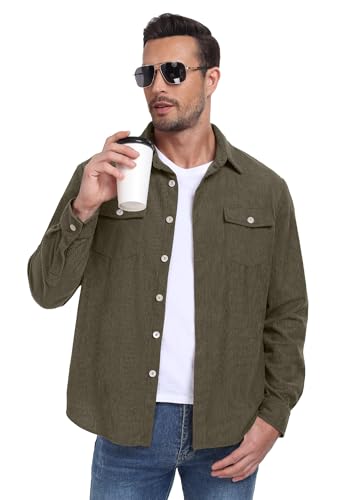 Image of Askdeer Men's Corduroy Button Down Shirts Long Sleeve Casual Shacket Jacket Western Corduroy Shirt Jacket with Flap Pockets