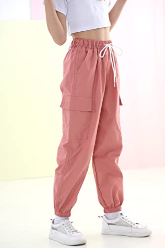 Rolanko Girls Cargo Jogger Pants Pink Casual Elastic Waist Baggy Trousers For Kids Hiking Outdoor Hip Hop Clothes (Light Pink, 12-14) #TOP3