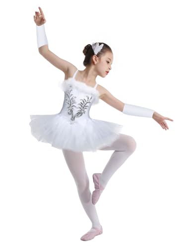 Oyolan Kids Girls Ballerina Swan Lake Costume Sequined Ballet Performance Leotard Tutu Dress with Gloves Hair Clip Set White 8-10 Years