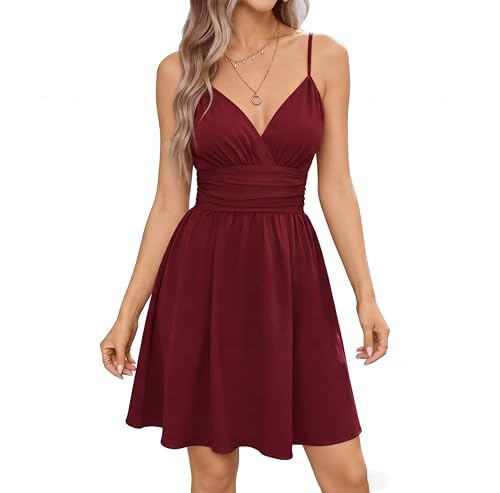 ROFUSSO Womens Summer Sundress V Neck Spaghetti Strap Dress A-Line Beach Mini Dress Club Party Short Dresses(Red L)