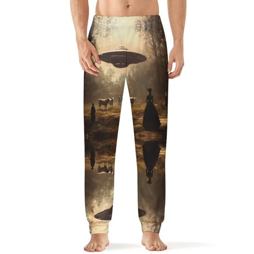 Aliens Martian Flying Saucer Abductin Men's Pajama Bottoms Sleep Lounge Soft Comfy Pants Sleepwear