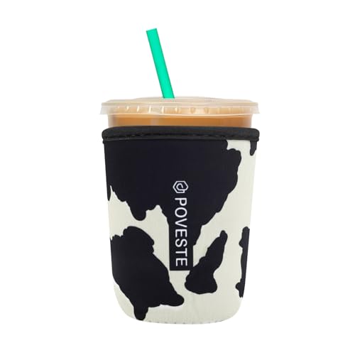 Reusable Neoprene Insulator Sleeve for Iced Coffee & Cold Soda, Coffee Sleeves for Iced & Hot Drinks, Cold Beverage Cooler Compatible with Starbucks, Dunkin (Cow Print, Small: 16-18oz)