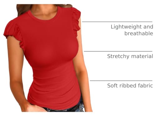 Image of VICHYIE Summer Women Ruffle Cap Sleeve Pretty Fitted Shirt | Ribbed Knit, Basic, Casual, Fashion Blouse, Solid Color
