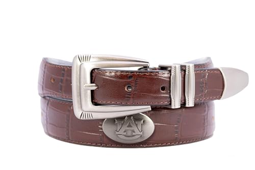 ZEP-PRO NCAA Auburn Tigers Men's Croc Leather Belt – Embossed Full Grain Brown Strap With Emblem Conchos – 1.25