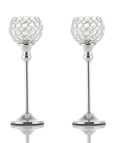 VINCIGANT 2 Pcs Silver Candle Holders, Crystal Tea Light Candlestick Holders, Ornaments for Living Room, Wedding, Valentine's Day, Fireplace, Dining Table, Anniversary Present, 13 Tall