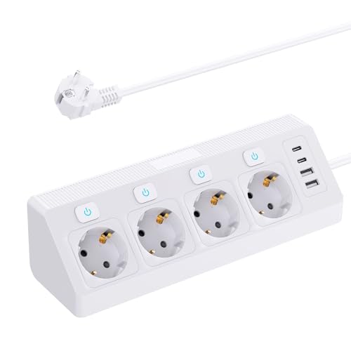 Presa angolare con 2 USB e 2 Type-C, ciabatta multipresa a 4 scomparti con interruttore, protezione da sovratensione con cavo da 2 m, per cucina casa e ufficio, bianco